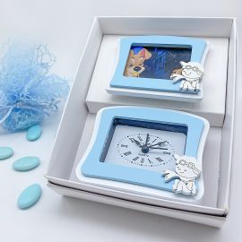 OROLOGIO DA TAVOLO + CORNICE PORTAFOTO SET REGALO PICCOLO PRINCIPE CELESTE BATTESIMO BAMBINO