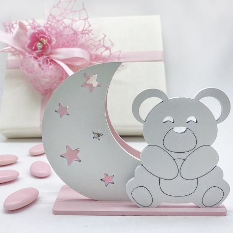 LAMPADA LED ROSA CON LUNA E ORSETTO BOMBONIERE NASCITA E BATTESIMO BAMBINA IDEE REGALO ORIGINALI