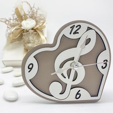 OROLOGIO DA TAVOLO A FORMA DI CUORE CON CHIAVE DI VIOLINO BOMBONIERE TEMA MUSICA MATRIMONIO ORIGINALI