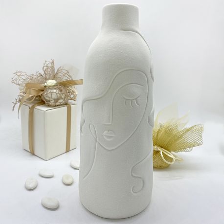 VASO PORTAFIORI ALTO CON VOLTO STILIZZATO FEMMINILE BOMBONIERE MATRIMONIO DESIGN IDEE ORIGINALI