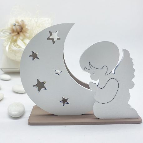 MINI LAMPADA LED CON LUNA E ANGELO IN PREGHIERA BOMBONIERE BATTESIMO E COMUNIONE ORIGINALI MASCHIO FEMMINA