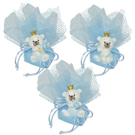 STATUINE ORSETTO CON CORONA 3 SOGGETTI ASSORTITI BOMBONIERE NASCITA MASCHIETTO PREZZI INGROSSO