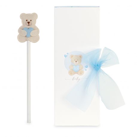 MATITE SEGNAPOSTO CON ORSETTO CON CUORE CELESTE BOMBONIERE NASCITA E BATTESIMO BAMBINO