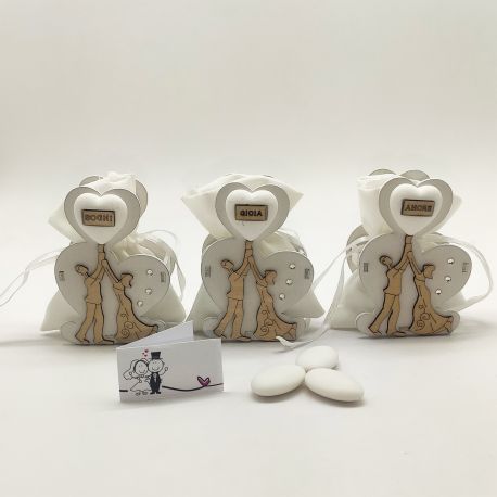 PORTACONFETTI MATRIMONIO CUORE CON SPOSINI IN LEGNO E STRASS