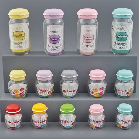 BARATTOLI IN VETRO CON TAPPO IN PLASTICA A FORMA DI MACARON COLORI ASSORTITI CONFETTATE ORIGINALI COMPLEANNO
