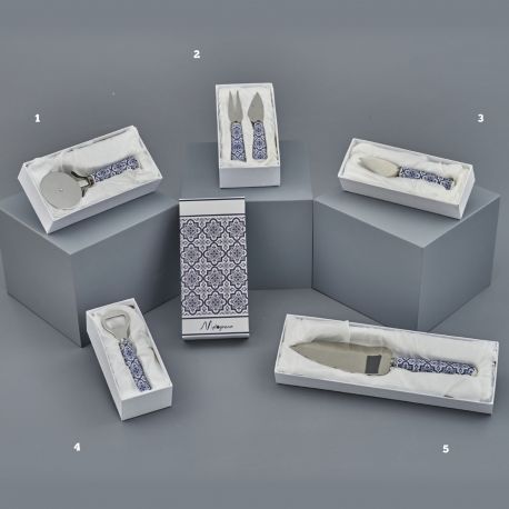 PALETTA TORTA TAGLIAPIZZA COLTELLI DA FORMAGGIO APRIBOTTIGLIE FANTASIA MAIOLICA BOMBONIERE UTILI MATRIMONIO