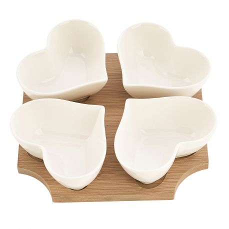 SET PER ANTIPASTI 4 CIOTOLE A FORMA DI CUORE CON VASSOIO IN LEGNO BOMBONIERE ORIGINALI NOZZE