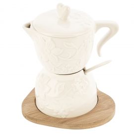 ZUCCHERIERA MOKA IN PORCELLANA BIANCA CON CUCCHIAINO E BASE IN LEGNO BOMBONIERE PER NOZZE UTILI
