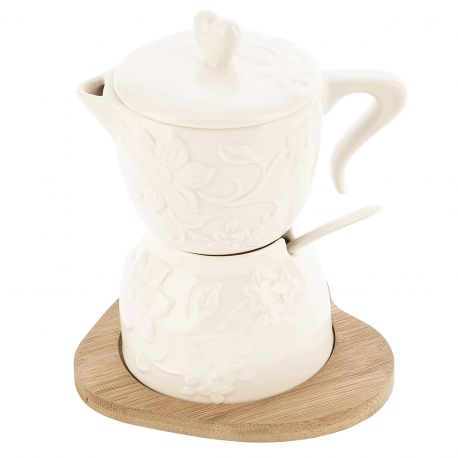 ZUCCHERIERA MOKA IN PORCELLANA BIANCA CON CUCCHIAINO E BASE IN LEGNO BOMBONIERE PER NOZZE UTILI
