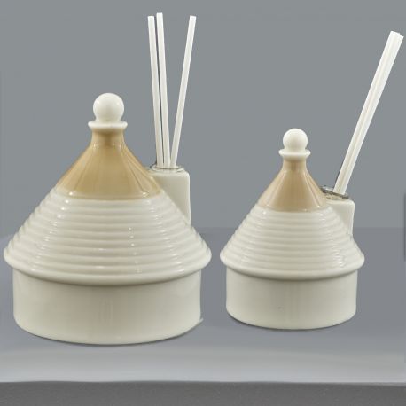 DIFFUSORI DI AROMI A FORMA DI TRULLO PUGLIESE BIANCO E TORTORA BOMBONIERE ORIGINALI MATRIMONIO PUGLIA