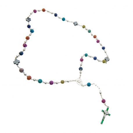 ROSARIO CON PERLE COLORATE E CROCE VERDE BOMBONIERE SACRAMENTI ORIGINALI PRIMA COMUNIONE