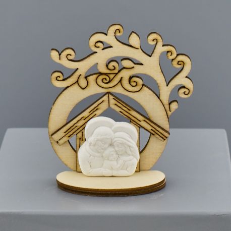 SEGNAPOSTO CON SACRA FAMIGLIA LEGNO E GESSO BATTESIMO BOMBONIERE PENSIERINI ONLINE