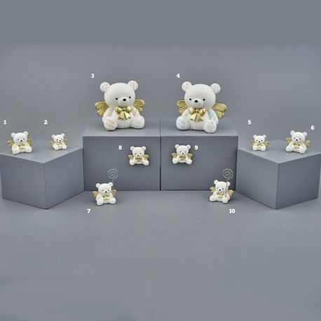 LINEA ORSETTI ROSA E CELESTI CON ALI E FIOCCO DORATI BOMBONIERE NASCITA E BATTESIMO ORIGINALI