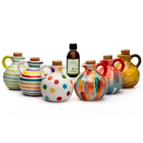 OLIERE PALLA IN CERAMICA CON TAPPO IN SUGHERO E BOCCETTA DI OLIO FRANTOIO RUSCIGNO COLORATE BOMBONIERE ORIGINALI