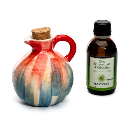 OLIERE PALLA IN CERAMICA CON TAPPO IN SUGHERO E BOCCETTA DI OLIO FRANTOIO RUSCIGNO COLORATE BOMBONIERE ORIGINALI