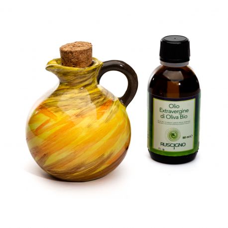 OLIERE PALLA IN CERAMICA CON TAPPO IN SUGHERO E BOCCETTA DI OLIO FRANTOIO RUSCIGNO COLORATE BOMBONIERE ORIGINALI