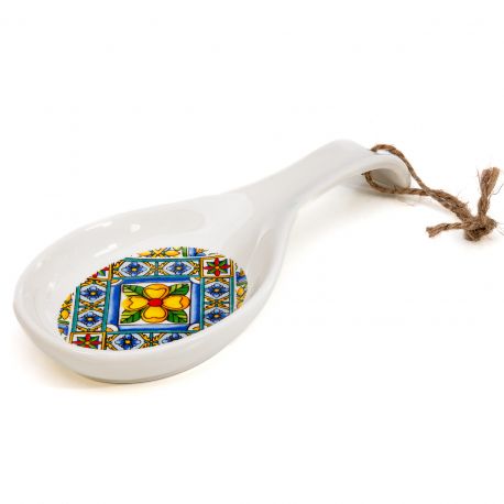 POGGIAMESTOLO IN CERAMICA COLORATA CON MOTIVI MAIOLICA IN CERAMICA