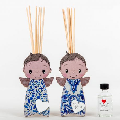 DIFFUSORI DI AROMI A FORMA DI ANGIOLETTO CON VESTE BLU IN LEGNO BOMBONIERE BATTESIMO ORIGINALI