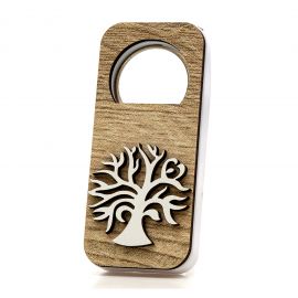 APRIBOTTIGLIE IN LEGNO E METALLO CON ALBERO DELLA VITA E CALAMITA BOMBONIERE UTILI