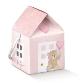 SCATOLINA IN CARTONCINO A FORMA DI CASETTA CON ORSETTO ROSA NASCITA