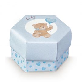 PORTACONFETTI DI FORMA ESAGONALE CELESTE CON ORSETTO "BABY" NASCITA BIMBO