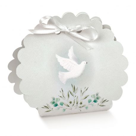 PORTACONFETTI CON COLOMBA E FOGLIE IN CARTONCINO PER COMUNIONE E CRESIMA