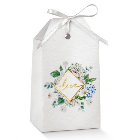 PORTACONFETTI A BUSTINA CON SCRITTA LOVE E FIORI PENSIERINI ECONOMICI NOZZE