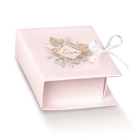 LIBRO PORTACONFETTI IN CARTONCINO ROSA "LOVE" CON FIORI SEGNAPOSTO