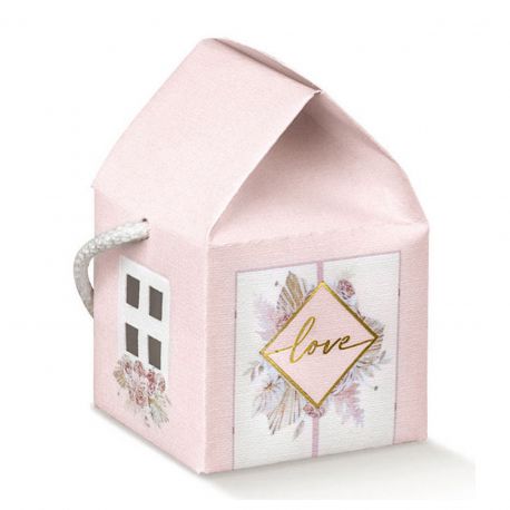 SCATOLINA ROSA A FORMA DI CASETTA IN CARTONCINO CON SCRITTA "LOVE" E FIORI NOZZE