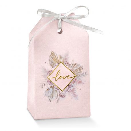 SCATOLA PORTACONFETTI ROSA A FORMA DI BUSTINA CON SCRITTA "LOVE" ORO