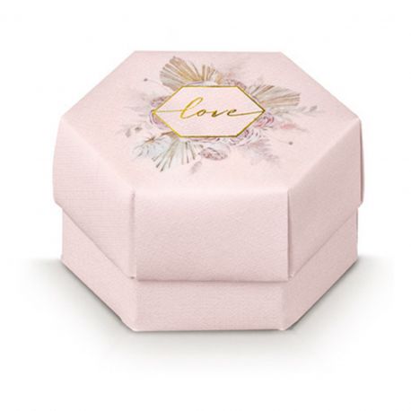 SCATOLINA PER CONFETTI ESAGONALE ROSA CON SCRITTA "LOVE" ORO E FIORI MATRIMONIO