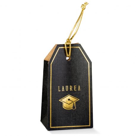 PORTACONFETTI TAG IN CARTONCINO NERO E ORO CON SCRITTA LAUREA