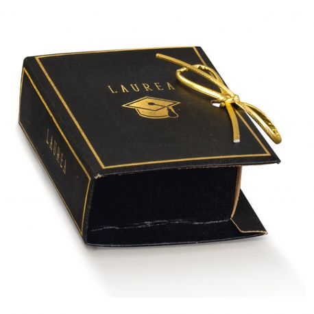 SCATOLINA NERA A FORMA DI LIBRO CON TOCCO DORATO E SCRITTA LAUREA