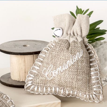 SACCHETTINO IN JUTA CON RICAMO COMUNIONE E CAMPANELLINO PREZZI BASSI