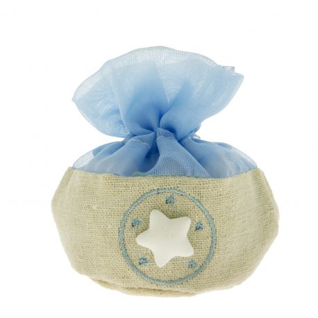 PORTACONFETTI A SACCHETTO IN JUTA E ORGANZA ROSA O CELESTE E STELLINA NASCITA