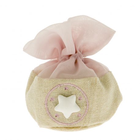 PORTACONFETTI A SACCHETTO IN JUTA E ORGANZA ROSA O CELESTE E STELLINA NASCITA