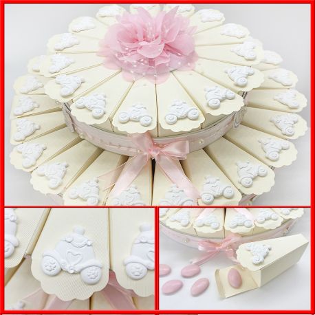 TORTA ROSA CON GESSETTO BIANCO CARROZZA : BOMBONIERA ECONOMICA PER NASCITA