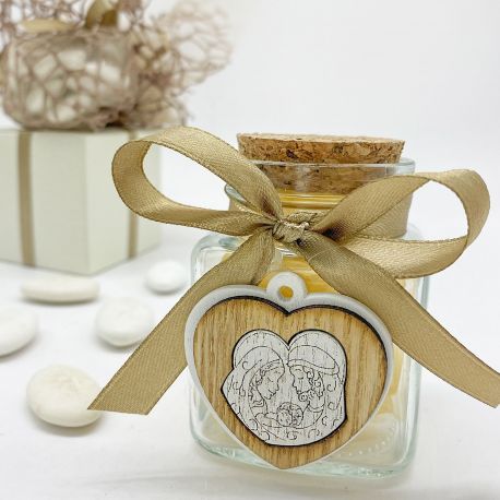 BARATTOLINO IN VETRO PORTA CONFETTI CON APPLICAZIONE SACRA FAMIGLIA