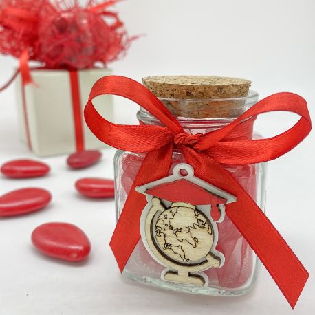 BOMBONIERA BARATTOLINO IN VETRO PORTA CONFETTI CON APPLICAZIONE MAPPAMONDO LAUREA