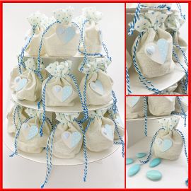 BOMBONIERA ALZATA IN CARTONE FAI DA TE' CON SACCHETTINO JUTA PORTA CONFETTI - NASCITA O BATTESIMO BIMBO