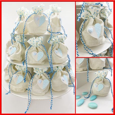 BOMBONIERA ALZATA IN CARTONE FAI DA TE' CON SACCHETTINO JUTA PORTA CONFETTI - NASCITA O BATTESIMO BIMBO