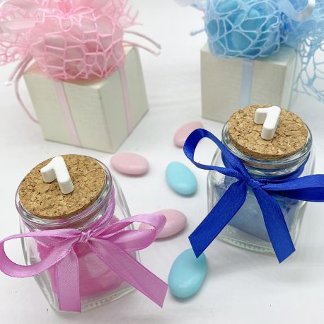 BOMBONIERA NUMERO 1, PRIMO COMPLEANNO BARATTOLINO IN VETRO E GESSETTO PROFUMATO