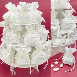 ALZATA IN CARTONE CON SACCHETTINI PORTA CONFETTI IN COTONE BIANCO - BOMBONIERA CRESIMA