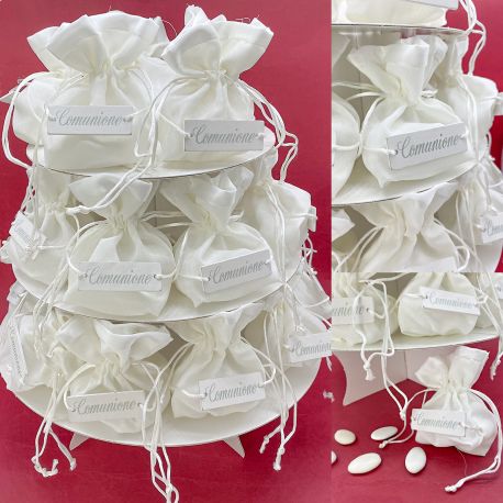 ALZATA IN CARTONE CON SACCHETTINI PORTA CONFETTI IN COTONE BIANCO - BOMBONIERA COMUNIONE