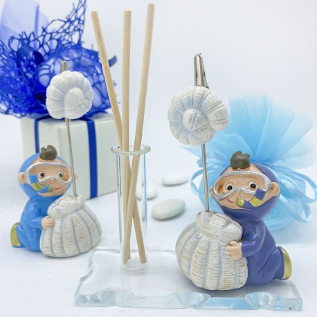 BASE IN VETRO CON FIALA PROFUMATORE, MONOFIORE, PORTA PENNA E MEMOCLIP SUB -BOMBONIERA PERSONALIZZABILE 