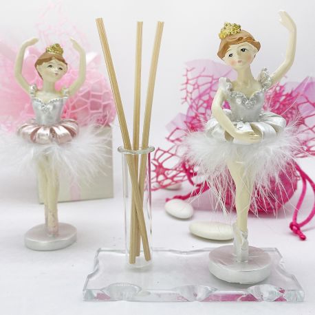 BASE IN VETRO CON FIALA PROFUMATORE, MONOFIORE, PORTA PENNA E INCANTEVOLE STATUINA BALLERINA