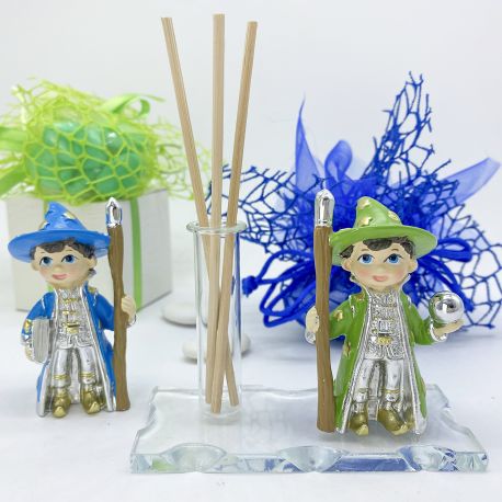 BASE IN VETRO CON FIALA PROFUMATORE-MONOFIORE-PORTE MATITA E STATUINA MAGHETTO