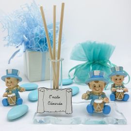 BASE IN VETRO CON FIALA E STATUINA JOLLY CON CAPPELLO E TAMBURELLO CELESTE