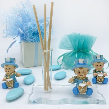 BASE IN VETRO CON FIALA E STATUINA JOLLY CON CAPPELLO E TAMBURELLO CELESTE