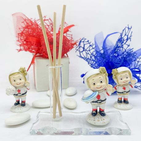 BOMBONIERA ASTRONAUTA CON BASE IN VETRO E PROVETTA